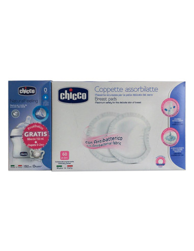 CHICCO ABSORBENT DISCS 60 UNITS + PACIFIER 0-2M + FEEDING BOTTLE +0M PROMO