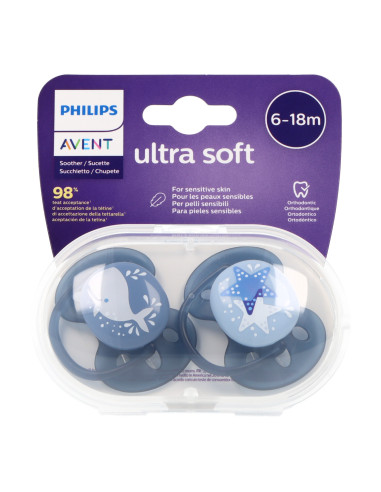 AVENT ULTRASOFT BLUE SILICONE PACIFIER 6-18M 2 UNITS