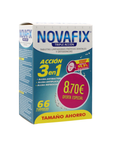 NOVAFIX TRIPLE ACTION CLEANING TABLETS DENTAL PROSTHESIS CLEANING 66 TABLETS