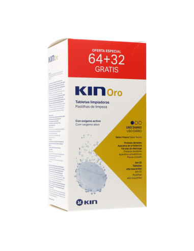 Kin Oro Tabletas Limpiadoras Limpieza Protesis Dental 64 + 32 Tabletas Promo